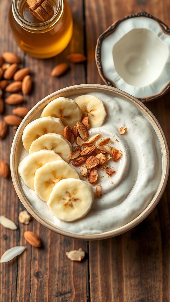 A bowl of coconut quinoa pudding with banana and almonds, set on a rustic wooden table.
